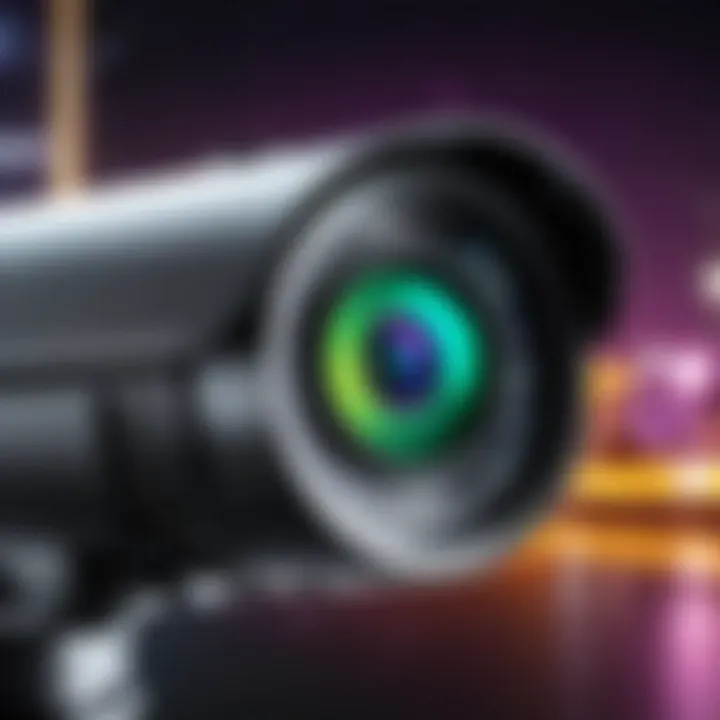 Close-up view of a color night vision security camera displaying detailed footage