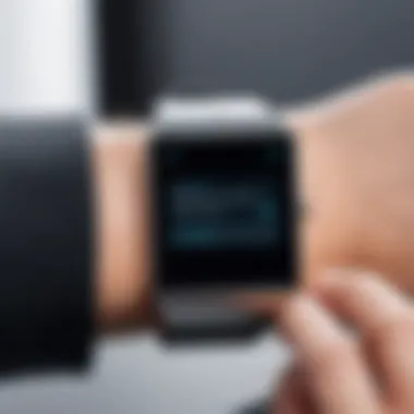 User interacting with a square Android smartwatch