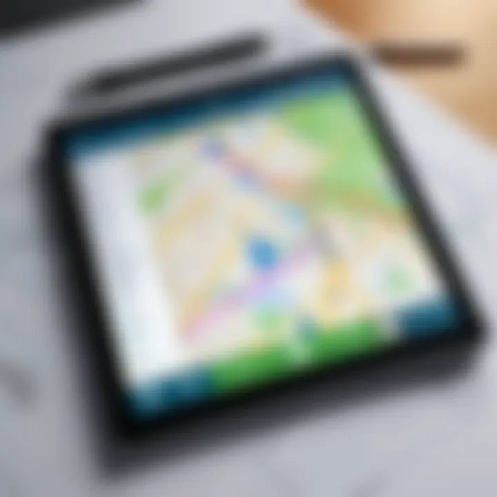 Close-up of tablet screen displaying detailed GPS map