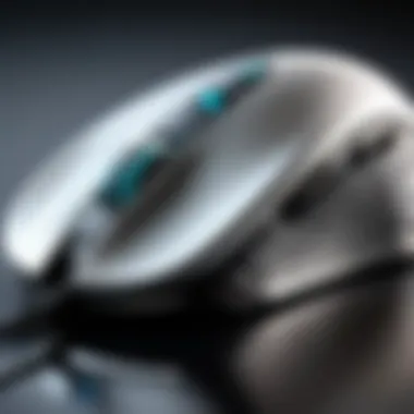 Close-up of the ergonomic design of a gaming mouse.