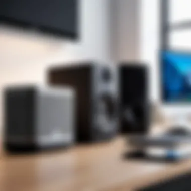 Bluetooth Speakers in Professional Workspace A workspace integrating whole room Bluetooth speakers for professional use