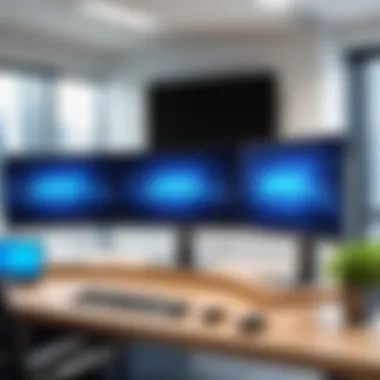Efficient Professional Workspace with Three Monitors Professional workspace showcasing efficiency with a three-monitor configuration.