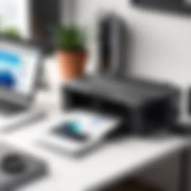 Efficient Workspace with Black Wireless Printer An organized workspace featuring a black wireless printer in action