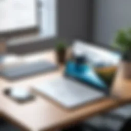 A sleek laptop on a modern office desk with productivity tools