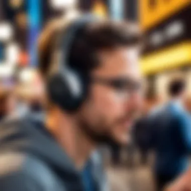 User enjoying Sony headphones in a busy environment