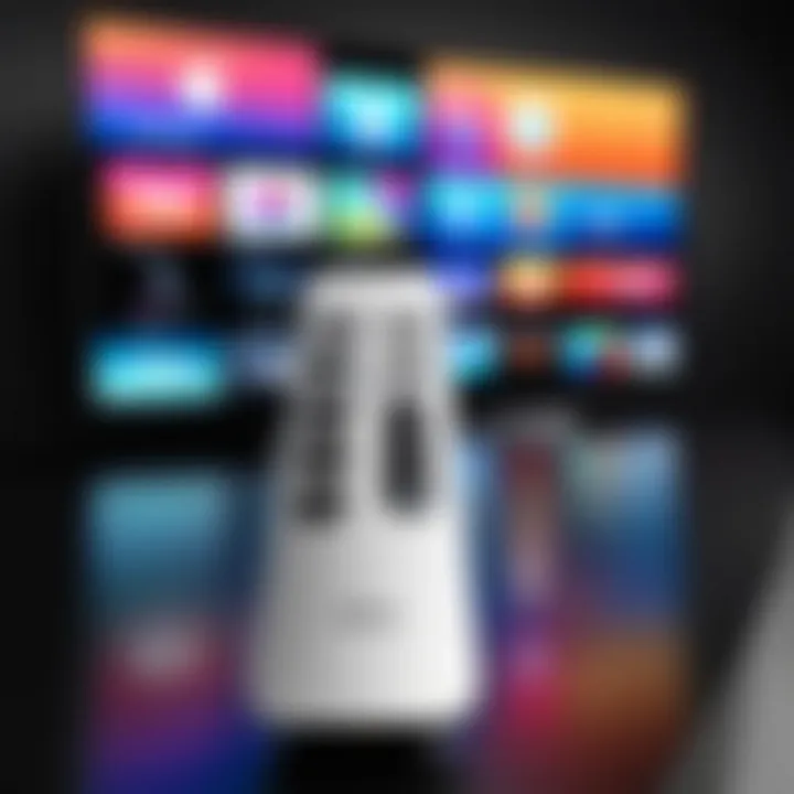 An Apple TV remote alongside a vibrant display