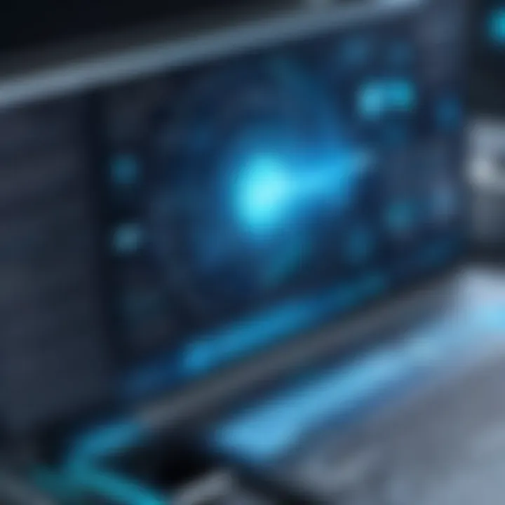 Emerging technologies in search engine marketing depicted through futuristic graphics and data visualization.
