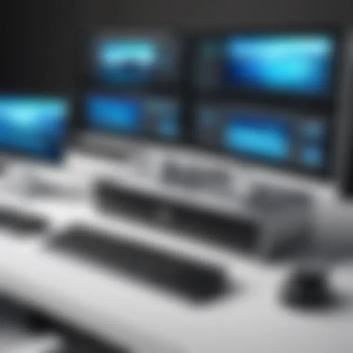 An HP desktop setup with multiple monitors linked through a docking station.