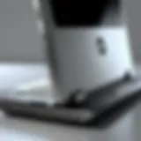 A sleek HP laptop connected to a docking station showcasing multiple port options.
