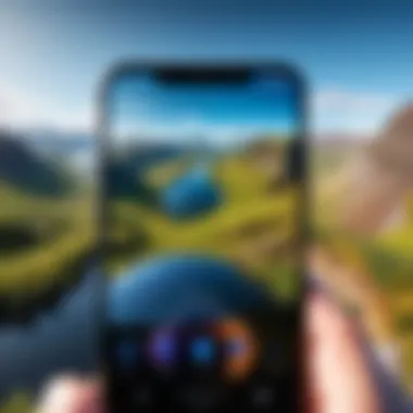 Wide-Angle Lens in Action A smartphone mounted with a wide-angle lens attachment showcasing a vibrant landscape.