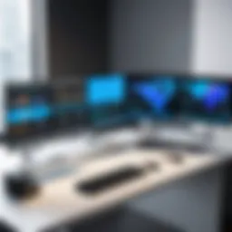 A modern three-screen workstation setup showcasing productivity tools
