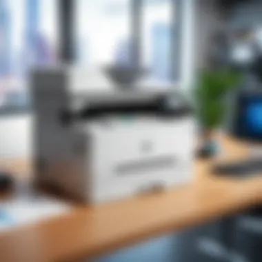 An office setting with an 11x17 LaserJet printer in use
