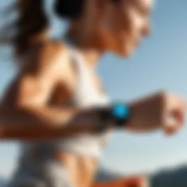 User interacting with a smartwatch while jogging