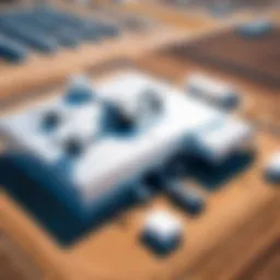 Aerial view of drone testing facility with various UAVs.