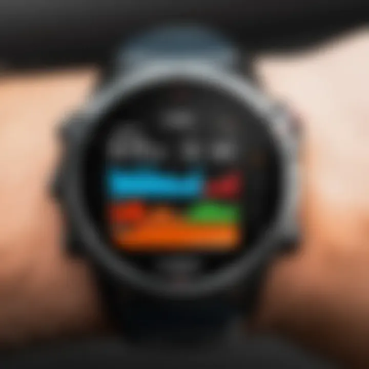 A Garmin watch displaying performance metrics during an intense workout session.