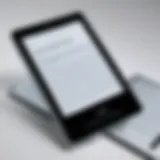 A close-up of a Kindle device displaying an e-book with simultaneous audio playback.