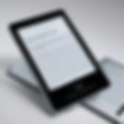 A close-up of a Kindle device displaying an e-book with simultaneous audio playback.