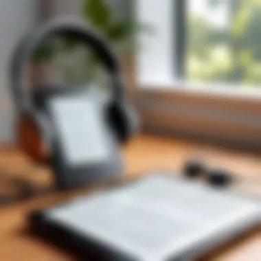 Reading and Listening Together A serene reading environment featuring a Kindle device alongside headphones.