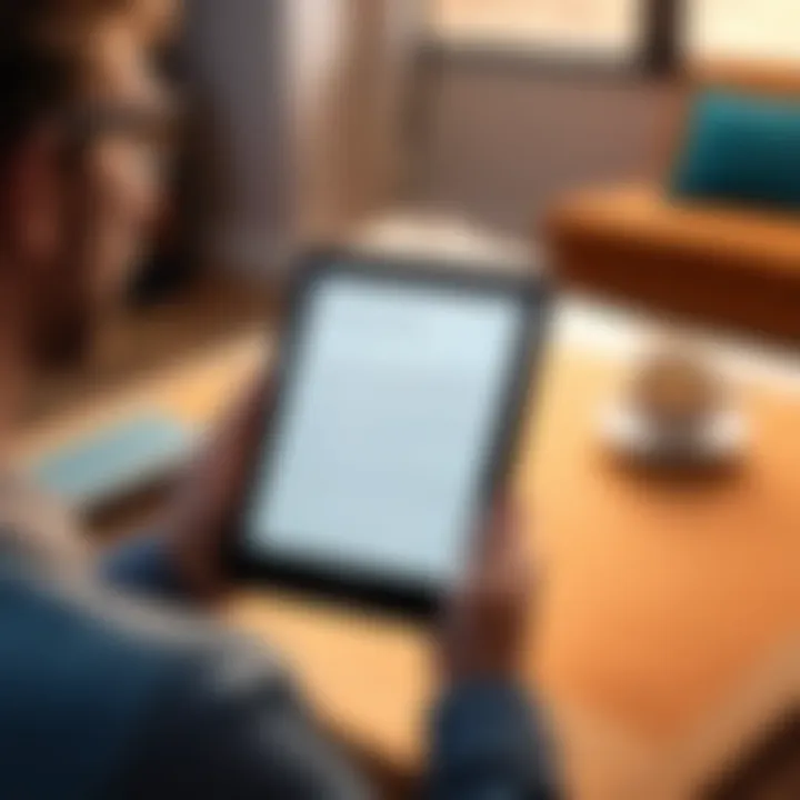 A thoughtful user interacting with a Kindle, immersed in a rich audio-visual reading experience.