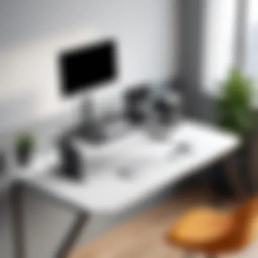 Compact mobile standing desk in modern office setting