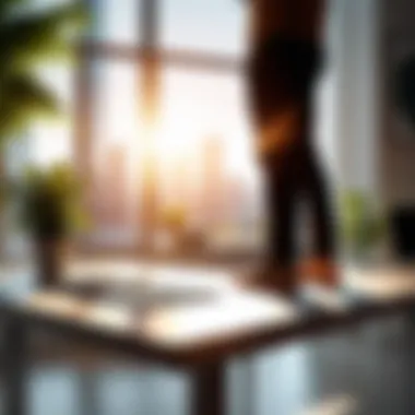 Natural Light Enhancing Productivity Close-up of a person using a standing desk with sunlight streaming in