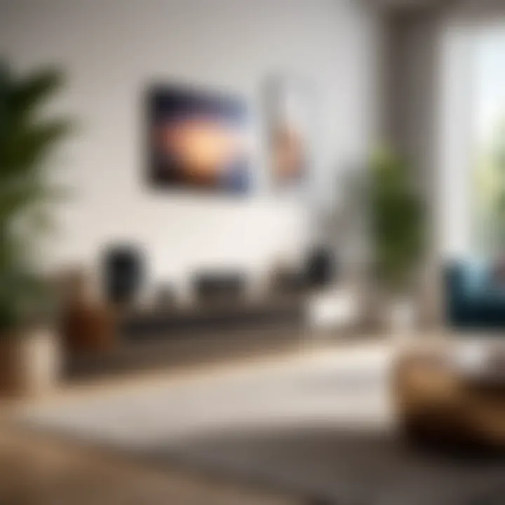 Artistic representation of compact wireless speakers in a modern living room setting