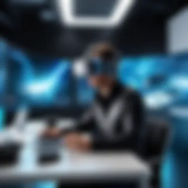 Futuristic VR-Enhanced Workspace A futuristic workspace integrating VR technology for enhanced productivity.
