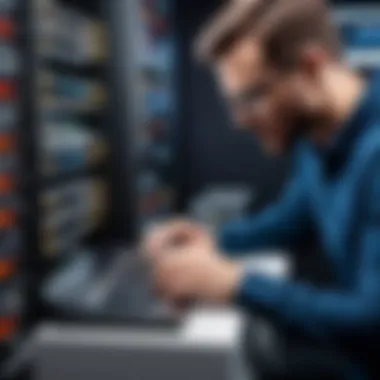 A technician checking audio hardware connections