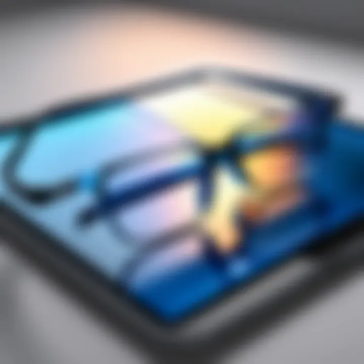 A close-up view of blue light blocking glasses resting on an iPad screen