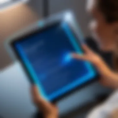 A demonstration of applying a blue light blocking screen protector on an iPad