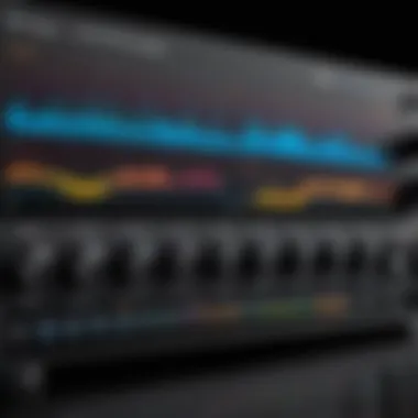 Detailed view of a hi-fi equalizer displaying various frequencies