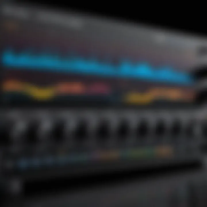 Detailed view of a hi-fi equalizer displaying various frequencies