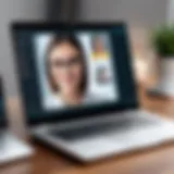 A close-up of a laptop displaying a video chat interface with various features