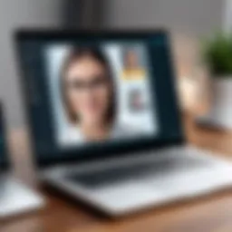 A close-up of a laptop displaying a video chat interface with various features