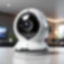 Close-up view of a wired indoor security camera showcasing its lens and design.